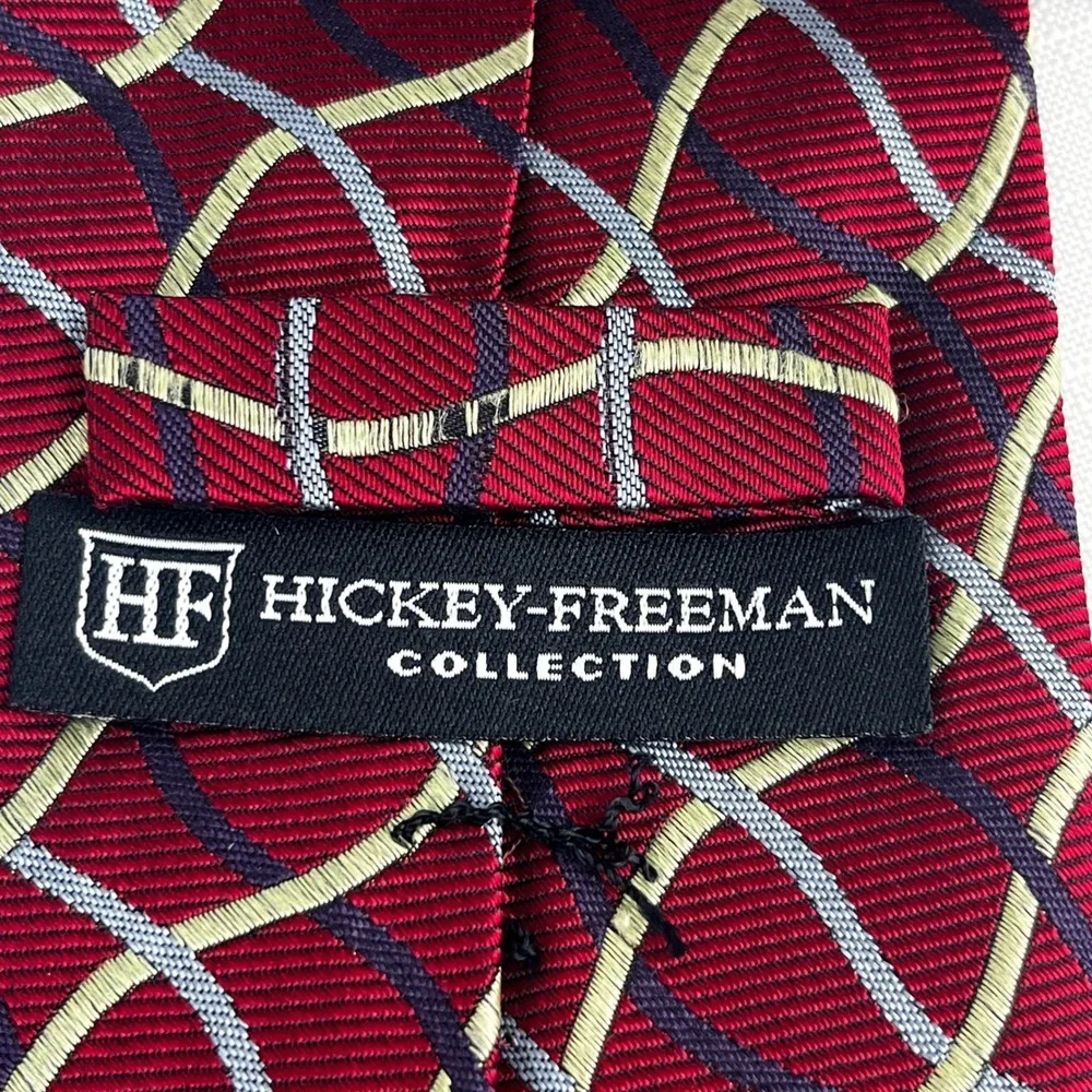 Hickey-Freeman Necktie Mens Red Woven‎ Silk Geometric Lattice Made in USA
